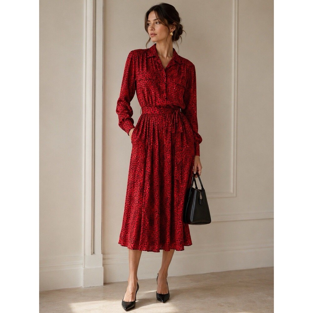 Jack Mulqueen 100% Silk Red Black Polka Dot Maxi Shirt Dress Pockets 10 Vintage